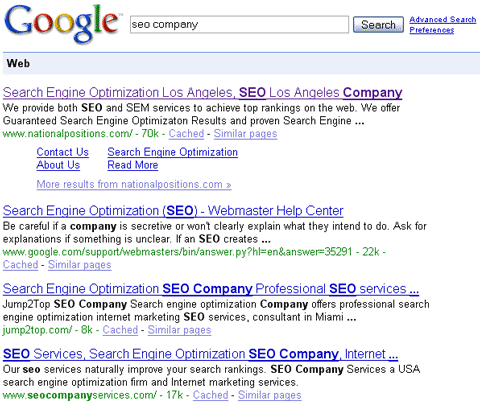 SEO Company SERPs at Google