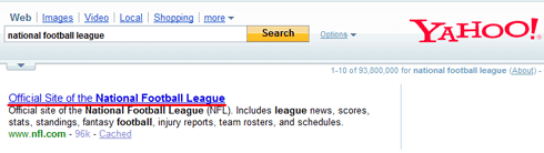 「National Football League（全米フットボール・リーグ）」の米Yahoo!検索での検索結果画面