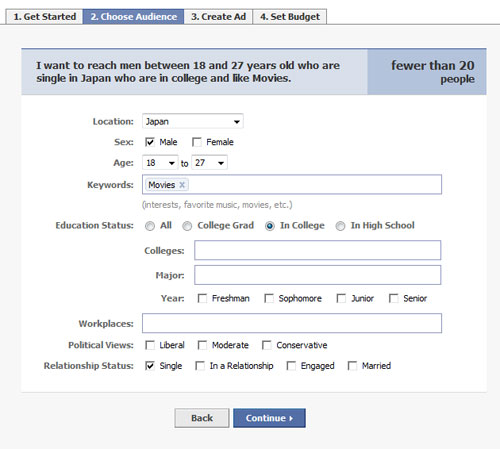 図9　Facebook Social Adsの出稿用インターフェイス。対象を絞っていくと右側に対象ユーザー数がリアルタイムで表示される