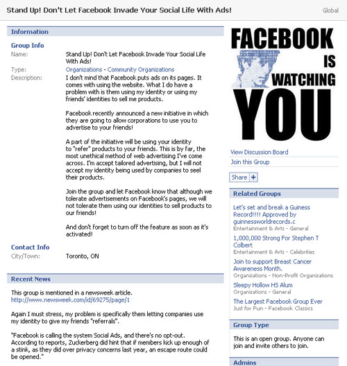 図12　個人情報を利用するFacebook Social Adsに、抵抗を示すユーザーも多い。写真はSocial Adsに反対するユーザーグループのページ