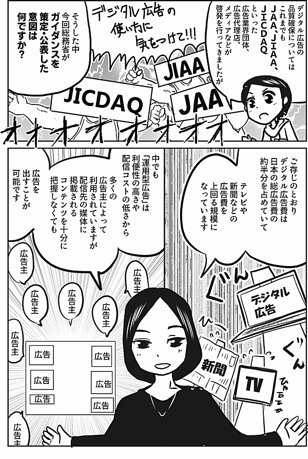 デジタル広告の
品質確保については
これまでも
ＪＡＡ、ＪＩＡＡ、
ＪＩＣＤＡＱ
といった広告業界団体、
広告代理店、
メディアなどが
啓発を
行ってきましたが
そうした中
今回総務省が
ガイダンスを
策定・公表した
意図は
何ですか？
ご存じのとおり
デジタル広告費は
日本の総広告費の
約半分を占めていて、
テレビや
新聞などの
広告費を
上回る規模に
なっています
中でも
「運用型広告」は
利便性の高さや
配信コストの低さから
多くの
広告主によって
利用されていますが
配信先の媒体に掲載される
コンテンツを十分に
把握しなくても
広告を
出すことが
可能です