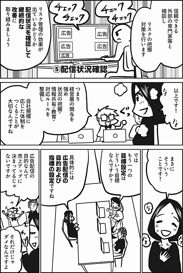 ⑤配信状況確認
信頼できる外部の専門家等と相談し、
リスクの把握、対策を行います
リスク管理の効果が出ているかどうか
配信状況を確認して
継続的な改善に取り組みましょう

以上です！

つまり
経営層の関与を
強め
状況の把握・情報共有・教育・
対応ルールを
整備し


自社規模に
応じた体制を
つくることが
大切なんですね

まさに
そういう
ことです！

では
もう一つの
「目標設定」は
どういう目標
なんですか？

具体的には
広告配信の
目的および
指標の設定ですね

広告配信の
目的なんて
売上アップに
決まってるじゃ
ないですか

それだけじゃ
ダメなんですよ