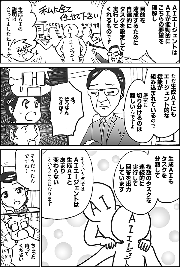 ＡＩエージェントは ＡＩが能動的に こちらの要望を 理解し  目的を 達成するために 自律的に タスクを設定して 実行して くれるものです  生成ＡＩの 説明は 合ってましたね！  ただ生成ＡＩにも エージェント的な 機能が組み込まれているので 厳密に 切り分けるのは 難しいんですよ  えっ そうなん ですか？  生成ＡＩも タスクを 分割して  複数のタスクを 連続的に 実行して 回答を出力 しています  そういう点では ＡＩエージェントは 生成ＡＩと あまり 変わらない ということになります  そうだったん ですね…  ちょっと 待って ください