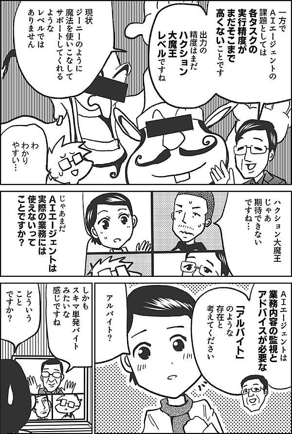 一方で ＡＩエージェントの 課題としては 各タスクの 実行精度が まだそこまで 高くないことです  出力の 精度はまだ ハクション 大魔王 レベルですね  現状 ジーニーのように 魔法を使いこなして サポートしてくれる ような レベルでは ありません  わ わかり やすい…  ハクション大魔王 じゃあ 期待できない ですね…  じゃあまだ ＡＩエージェントは 実際の業務には 使えないって ことですか？  いえいえ 手助けには 十分なりますよ  ＡＩエージェントは 業務内容の監視と アドバイスが必要な 「アルバイト」 のような 存在と 考えてください  アルバイト？  しかも スキマ単発バイト みたいな 感じですね  どういう こと ですか？