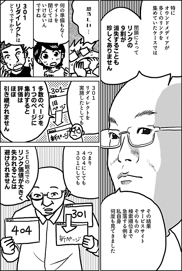 特に オウンドメディアが 多くのリンクを 集めていたケースでは  閉鎖によって リンクの 9割が 消失することも 珍しくありません  その結果 サービスサイト そのものの 検索順位まで 急落する例を 私自身 何度も見てきました  恐ろしい…  何の準備もなく サイトを 閉じては いけないん ですね  ３０１ リダイレクトは どうですか？  ３０１ リダイレクトを 実施したとしても  多数のページを 1つのページに 集約すると 評価は ほぼ 引き継がれません  つまり ４０４にしても ３０１にしても  ＳＥＯ観点での リンク価値が大きく 失われることは 避けられません
