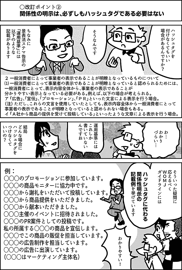 ○改訂ポイント② 関係性の明示は、必ずしもハッシュタグである必要はない ハッシュタグを 付けなくてもいい 場合があるんですか？ そうなんです ちなみに 景表法ステマ告示の 「運用基準」には 以下のような 記載があります ２ 一般消費者にとって事業者の表示であることが明瞭となっているものについて ⑴ 一般消費者にとって事業者の表示であることが明瞭となっていると認められるためには、 一般消費者にとって、表示内容全体から、事業者の表示であることが 分かりやすい表示となっている必要がある。例えば、以下の場合が考えられる。 ア 「広告」、「宣伝」、「プロモーション」、「ＰＲ」といった文言による表示を行う場合。 （注） ただし、これらの文言を使用していたとしても、表示内容全体から一般消費者にとって 事業者の表示であることが明瞭となっていると認められない場合もある。 イ 「Ａ社から商品の提供を受けて投稿している」といったような文章による表示を行う場合。 わ… わかり づらい… 運用基準には これしか 書いていない んですね　 結局 どんな場合に ハッシュタグを つけなくて いいの？ そういった疑問に 応えるべく ＷＯＭＪ ガイドラインには ハッシュタグに代わる 関係性明示の 記載例を挙げています 　例： ○○○のプロモーションに参加しています。 　○○○の商品モニターに協力中です。 　○○○から謝礼をいただいて投稿しています。 　○○○から商品提供をいただきました。 　○○○から献本いただきました。 　○○○主催のイベントに招待されました。 　○○○のPR案件としての投稿です。 　私の所属する○○○の商品を宣伝します。 　○○○でこの商品の販促を担当しています。 　○○○の広告制作を担当しています。 　○○○の広告に出演しています。 　（○○○はマーケティング主体名） わかりやすい！