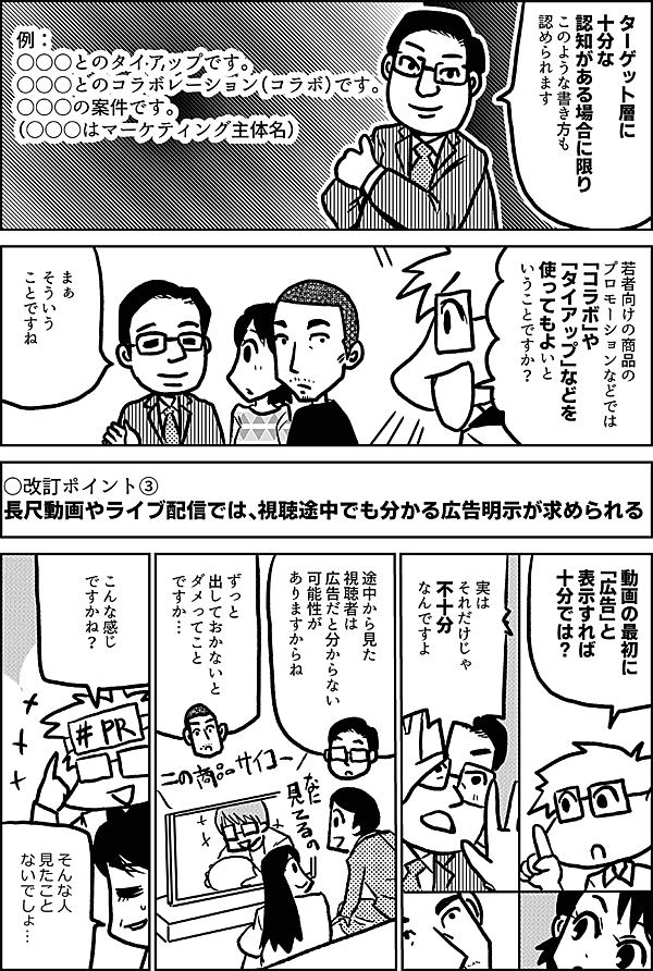 ターゲット層に 十分な 認知がある場合に限り このような書き方も 認められます 　例： 　○○○とのタイアップです。 　○○○とのコラボレーション（コラボ）です。 　○○○の案件です。 （○○○はマーケティング主体名） 若者向けの商品の プロモーションなどでは 「コラボ」や「タイアップ」などを 使ってもよいと いうことですか？ まぁ そういう ことですね ○改訂ポイント③ 長尺動画やライブ配信では、視聴途中でも分かる広告明示が求められる 動画の最初に 「広告」と表示すれば 十分では？ それだけでは 不十分 なんですよ 途中から見た 視聴者は 広告だと分からない 可能性が ありますからね 最初から最後まで ずっと広告と 明示しておかないと ダメってこと ですか… こんな感じ ですかね？ そんな人 見たこと ないでしょ…