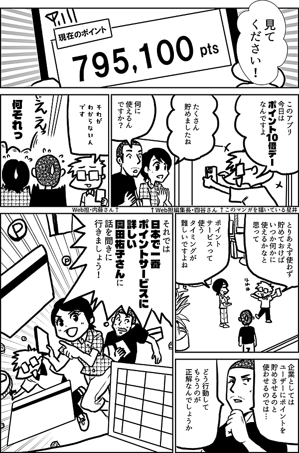見て ください！ このアプリ 今日は ポイント 10倍デー なんですよ ↑このマンガを描いている星井 たくさん 貯めましたね ↑Web担編集長・四谷さん 何に 使えるん ですか？ Web担・内藤さん↑ それが わからないん です 何それっ とりあえず使わず 貯めておけば いつか何かに 使えるかなと思って ポイント サービスって 使うタイミングが 難しいですよね 企業としては ユーザーに ポイントを 貯めさせるのと 使わせるのでは どう行動して もらうのが 正解なんでしょうか それでは 日本で一番 ポイントサービスに 詳しい 岡田祐子さんに 話を聞きに 行きましょう！