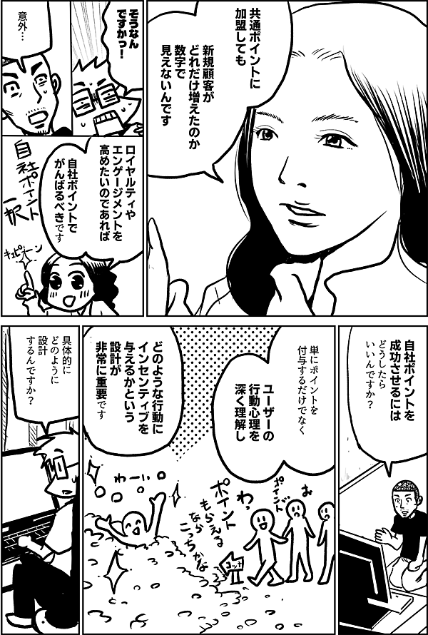 共通ポイントに 加盟しても 新規顧客が どれだけ増えたのか 数字で 見えないんです そうなんですか 意外… ロイヤルティや エンゲージメントを 高めたいのであれば 自社ポイントで がんばるべきです 自社ポイントを 成功させるには どうしたら いいんですか？ 単にポイントを 付与するだけでなく ユーザーの 行動心理を 深く理解し どのような行動に インセンティブを 与えるかという 設計が 非常に重要です 具体的に どのように設計 するんですか？