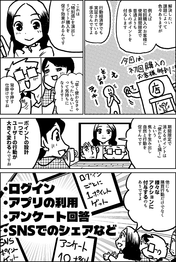 解決したい 課題によって 色々ありますが 例えば 初回購入のお客様に 使用期間限定で 普通よりも 多くのポイントを 付与します 行動経済学でも実証されている手法なんですよ これは 「特別感」を演出し リピート購入を 促す効果があるんです 「早く使わなきゃ もったいない！」 って気持ちに なります！ 背中を押す 仕掛けですね 期間限定で 消えるポイントは、 「使わないと損！」 という 焦りを生み出し 自然と行動を 促すんです なるほど ポイントの設計 一つで ユーザーの行動が 大きく変わるんですね 他にも 購買行動だけでなく 様々な アクションに 付与するのも ありですよ ・ログイン ・アプリの利用 ・アンケート回答 ・SNSでのシェアなど