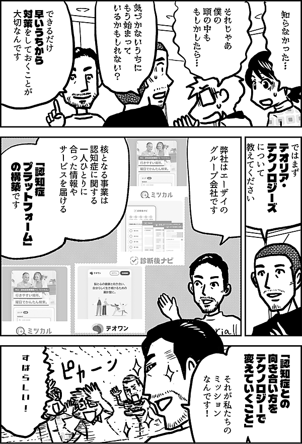 知らなかった… それじゃあ 僕の 頭の中も もしかしたら… 気づかないうちに もう始まって いるかもしれない？ できるだけ 早いうちから 対策をしておくことが 大切なんです ではまず テオリア・ テクノロジーズについて 教えてください 弊社はエーザイの グループ会社です 核となる事業は 認知症に関する 一人ひとりに合った情報やサービスを届ける 「認知症 プラットフォーム」 の構築です 「認知症との 向き合い方を テクノロジーで 変えていくこと」 それが私たちの ミッションなんです！ すばらしい！