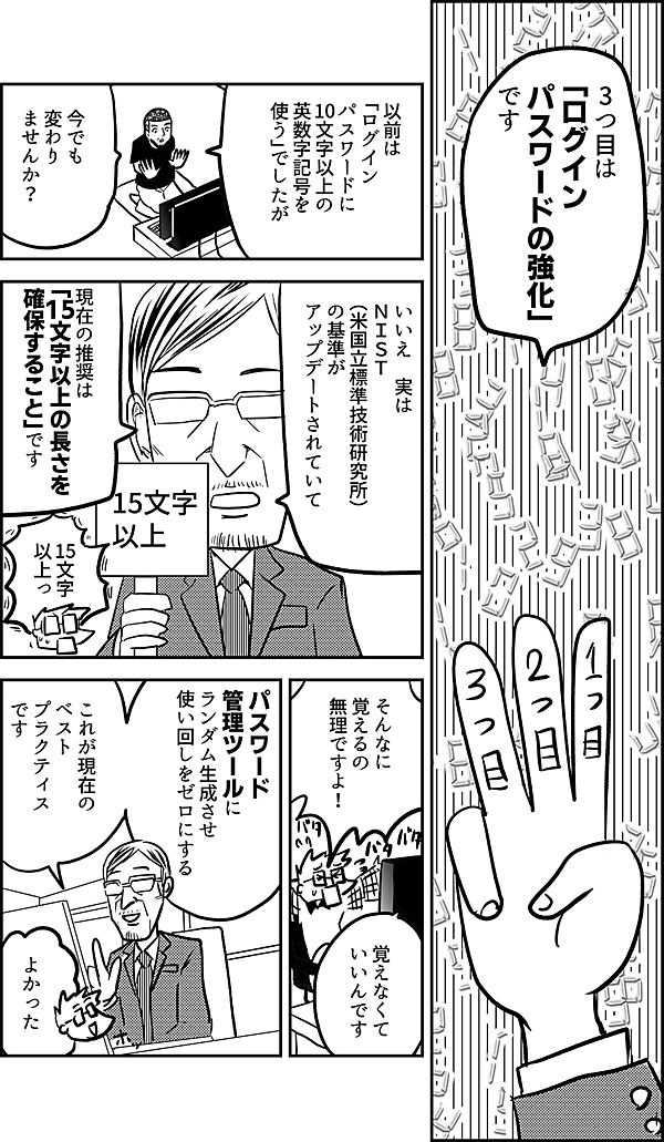 3つ目は 「ログインパスワードの強化」 です 以前は 「ログイン パスワードに 10文字以上の 英数字記号を 使う」でしたが 今でも 変わり ませんか？ いいえ　実は ＮＩＳＴ （米国立標準技術研究所） の基準がアップデートされていて 現在の推奨は 「15文字以上の長さを 確保すること」です そんなに 覚えるの 無理ですよ！ 覚えなくて いいんです 「パスワード 管理ツールで ランダム生成する」 「使い回しをしない」 これが現在の ベスト プラクティス です よかった