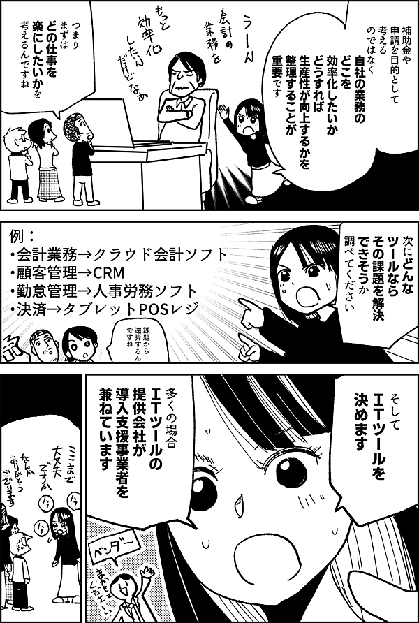 補助金や 申請を目的として 考える のではなく 自社の業務の どこを 効率化したいか どうすれば 生産性が向上するかを 整理することが 重要です つまり まずは どの仕事を 楽にしたいかを 考えるんですね 次にどんなツールならその課題を解決できそうか調べてください 例： ・会計業務→クラウド会計ソフト ・顧客管理→CRM ・勤怠管理→人事労務ソフト ・決済→タブレットPOSレジ 課題から逆算するんですね そして ＩＴツールを 決めます 多くの場合 ＩＴツールの提供会社が 導入支援事業者を 兼ねています ここまで大丈夫ですか なんか ありがとう ございます