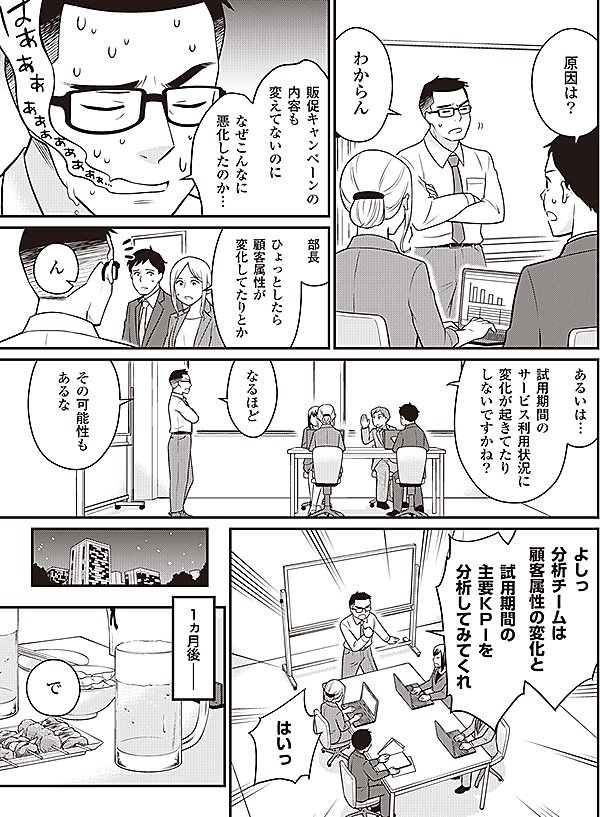 原因は？

わからん

販促キャンペーンの
内容も
変えてないのに

なぜこんなに
悪化したのか…

部長

ひょっとしたら
顧客属性が
変化してたりとか

ん

あるいは…

試用期間の
サービス利用状況に
変化が起きてたり
しないですかね？

なるほど

その可能性も
あるな

よしっ
分析チームは
顧客属性の変化と


試用期間の
主要ＫＰＩを
分析してみてくれ

はいっ

1ヵ月後――

で
