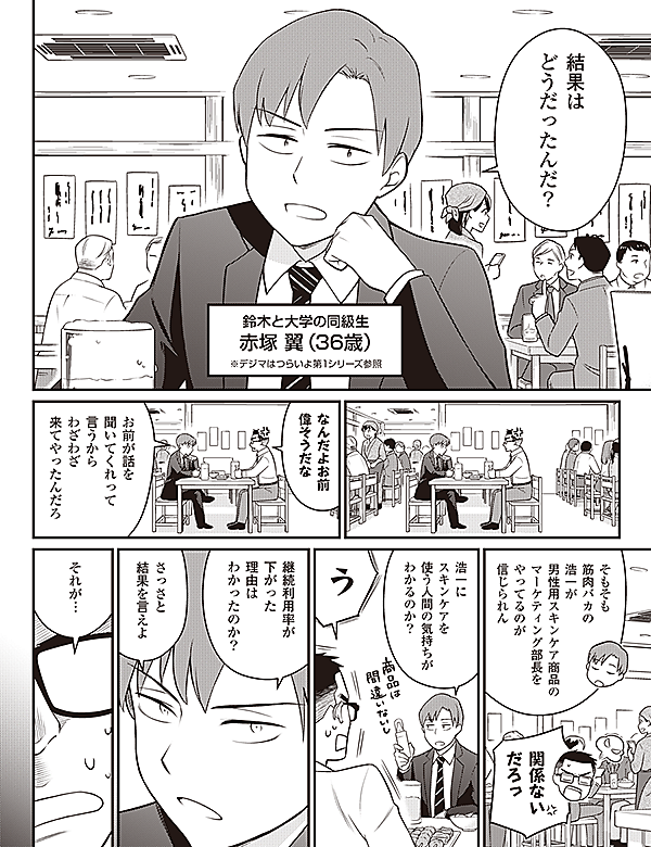 結果は
どうだったんだ？
鈴木と大学の同級生
赤塚 翼(36歳)
※デジマはつらいよ第1シリーズ参照
なんだよお前
偉そうだな
お前が話を
聞いてくれって
言うから
わざわざ
来てやったんだろ
そもそも
筋肉バカの
浩一が
男性用スキンケア商品の
マーケティング部長を
やってるのが
信じられん
関係ない
だろっ
浩一に
スキンケアを
使う人間の気持ちが
わかるのか？
う
継続利用率が
下がった
理由は
わかったのか？
さっさと
結果を言えよ
それが…
