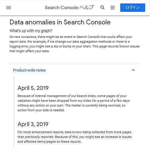 ヘルプセンターの「Search Consoleにおけるデータ異常」ページ