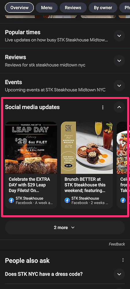 フェイスブックの投稿が掲載されているビジネスプロフィール
