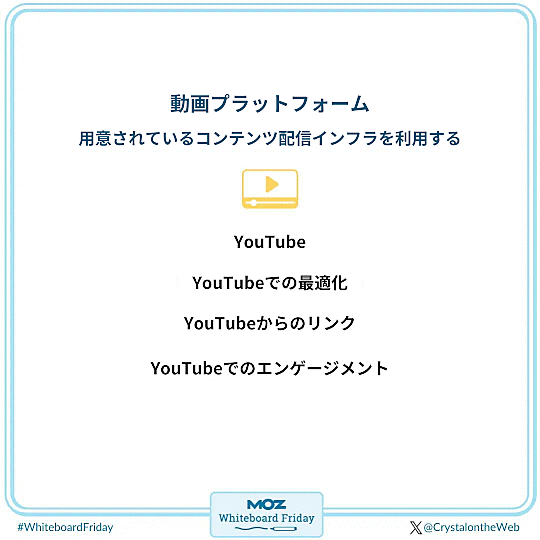●動画プラットフォーム
用意されているコンテンツ配信インフラを利用する
・YouTube
・YouTubeでの最適化
・YouTubeからのリンク
・YouTubeでのエンゲージメント
