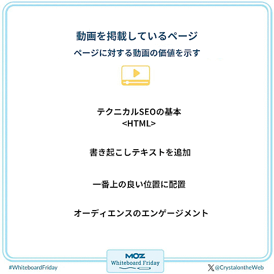 ●動画を掲載しているページ
ページに対する動画の価値を示す
・テクニカルSEOの基本
・書き起こしテキストを追加
・ページ最上部の中央に配置
・オーディエンスのエンゲージメント