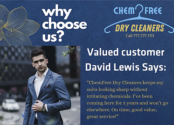 クリーニングされたスーツ姿の顧客の写真と、その顧客の声を並べて見せている架空のクリーニング店のサンプル画像