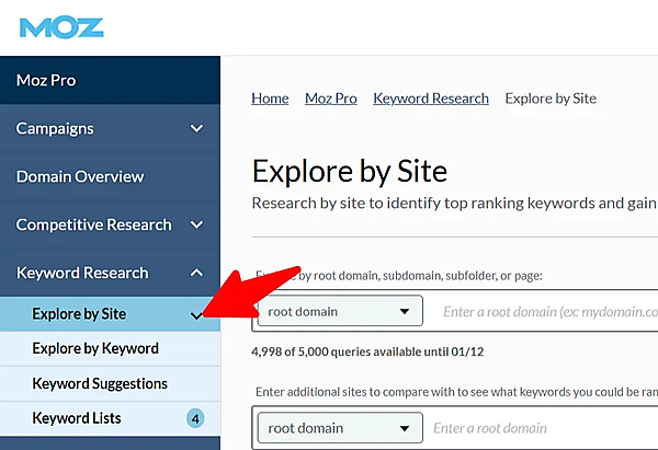 Moz Keyword ExplorerツールのExplore by Siteページ