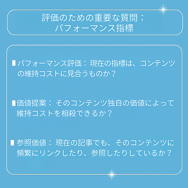 パフォーマンス評価：現在の指標は、コンテンツの維持コストに見合うものか？ 価値提案：そのコンテンツ独自の価値によって維持コストを相殺できるか？ 参照価値：現在の記事でも、そのコンテンツに頻繁にリンクしたり、参照したりしているか？