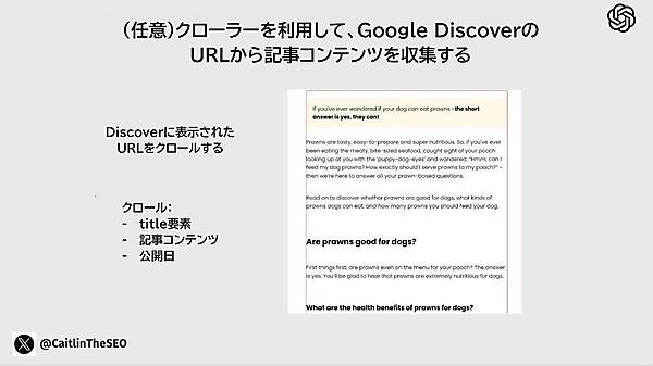 （任意）クローラーを利用して、DiscoverのURL（Google Discover）から記事コンテンツを収集する Discoverに表示されたURLをクロールする クロール： title要素 記事コンテンツ 公開日