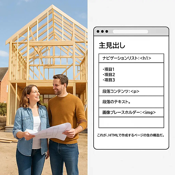 1組のカップルが家の基礎の設計図を見ており、HTMLはウェブサイトの構造的な基礎として表現されている。