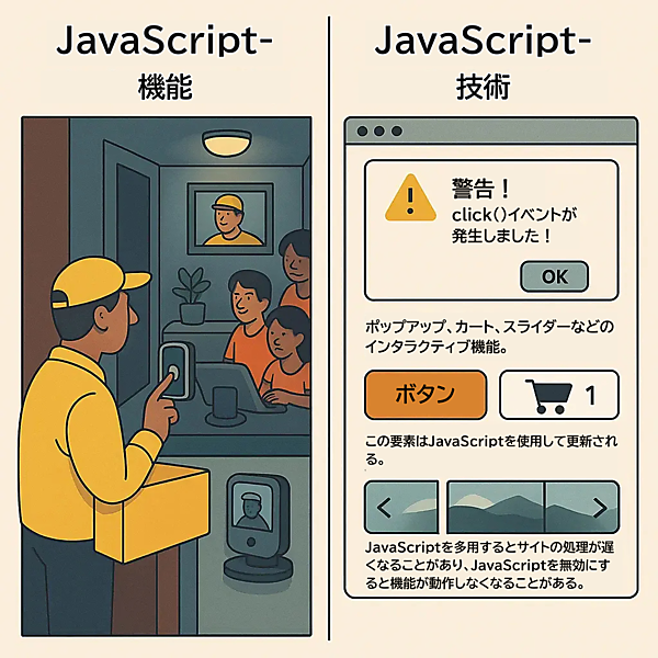 さまざまなコネクテッドデバイスを備えたスマートホームオートメーションシステムで、JavaScriptがいかにウェブサイトに機能性を加えているかを示している。