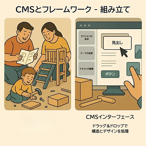 IKEAの家具の組立説明図に部品と手順が記載されており、CMSとフレームワークでウェブサイトの構成要素を作成できることを表現している。