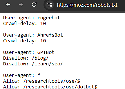 Mozのrobots.txtファイルには、検索エンジンのクローラーに対する指示が記述されている。