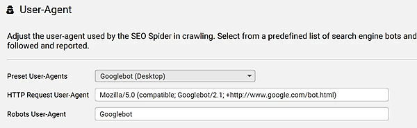 Screaming Frog SEO Spiderの設定で、Googlebot（デスクトップ）のユーザーエージェントを選択しているスクリーンショット。