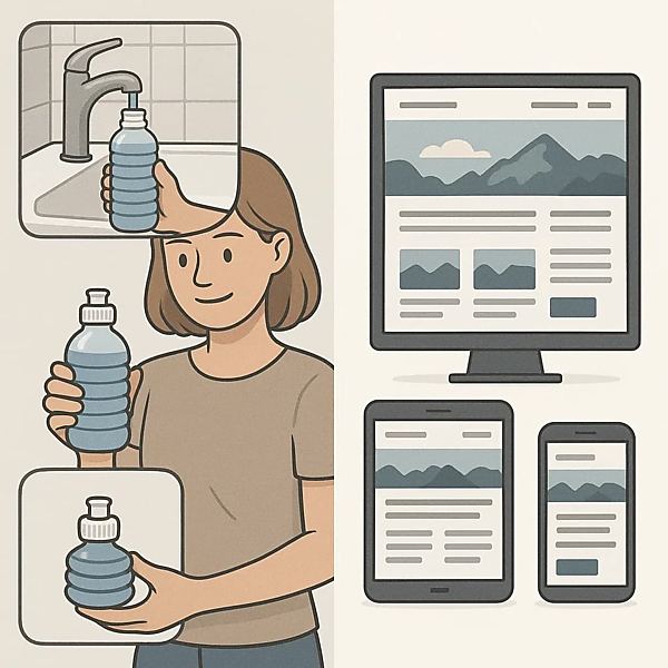 形が変わっても機能は変わらない折りたたみ式の水筒で、レスポンシブウェブデザインを表している。