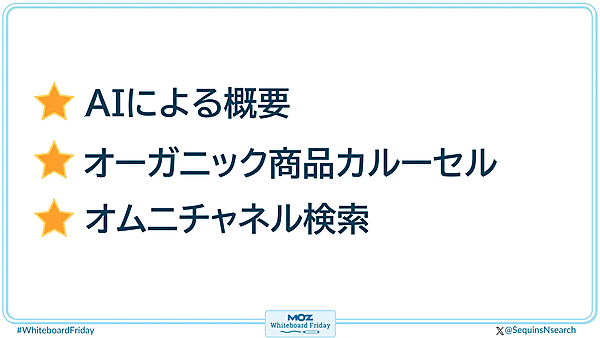 「AIによる概要」やオーガニック商品カルーセルなど、検索に影響を与える機能が導入された。