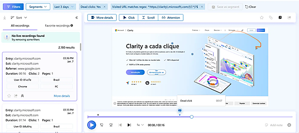 Microsoft Clarityのスクリーンショットで、レコーディングを使ってユーザー行動を確認する方法を示している。
