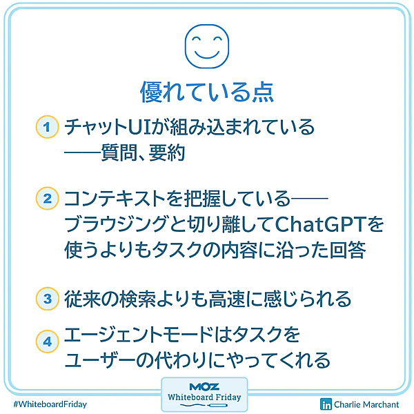 ホワイトボードの一部を拡大した画像で、ChatGPT Atlasの優れている点を4つ挙げている。