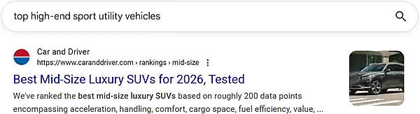 「top high-end sport utility vehicles」の検索結果画面。一番上に「Best Mid-Size Luxury SUVｓ for2026, Tested」の記事がある。