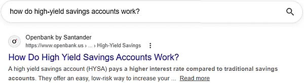 「how do high-yield savings accounts work?」と検索し、検索結果上位にハイフンがついていない「「how do high yield savings accounts work?」が表示されている。