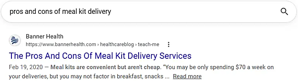 「pros and cons of meal kit delivery」と検索し「The Pros And Cons Of Meal Kit Delivery Services」が表示されている。