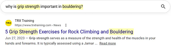 「why is grip strength important in bouldering?」と検索し、「5 Grip Strength Exercises for Rock Climbing and Bouldering」が表示されている。