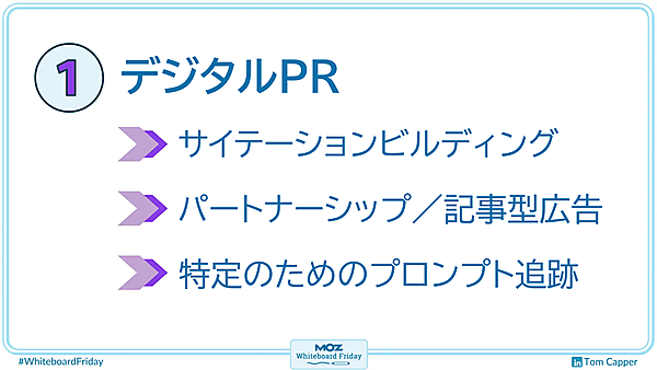 デジタルPRに関するホワイトボードの一部を拡大した画像。画像内のテキスト：① デジタルPR、サイテーションビルディング、パートナーシップ／記事型広告、特定のためのプロンプト追跡。