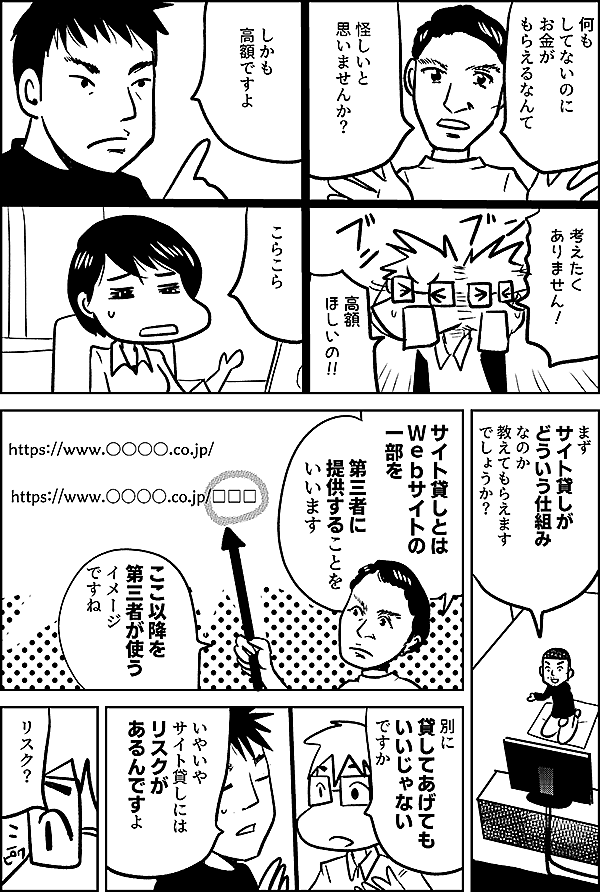 何も してないのに お金が もらえるなんて 怪しいと 思いませんか？ しかも 高額ですよ 考えたく ありません！ 高額 ほしいの!! こらこら まず サイト貸しが どういう仕組みなのか 教えてもらえます でしょうか？ サイト貸しとは Ｗｅｂサイトの 一部を 第三者に 提供することを いいます ここ以降を 第三者が使う イメージ ですね 別に 貸してあげても いいじゃない ですか いやいや サイト貸しには 色々リスクが あるんですよ リスク？