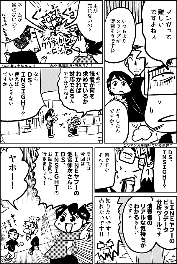 マンガって 難しい ですよねぇ  このマンガを描いている星井↑  いつもより スランプが 深刻そうですね  どうしたん ですか  本が 売れないの？  Web担編集長・四谷さん↑  ネームが 通らないの？  Web担・内藤さん↑  せめて 読者が何を 求めているか わかれば 対応できるん ですけどねぇ  なら ＤＳ． ＩＮＳＩＧＨＴを 使えば いいんじゃない ですか  ＤＳ． ＩＮＳＩＧＨＴ？  何ですか それ？  ヤフーの ビッグデータ 分析ツールです  消費者の リアルな気持ちが わかるらしい ですよ  知りたいです！ 売れたいです‼  それでは 今回は ＬＩＮＥヤフーの 池宮伸次さんに ＤＳ． ＩＮＳＩＧＨＴの お話を聞きに 行きましょう！   ヤホー！