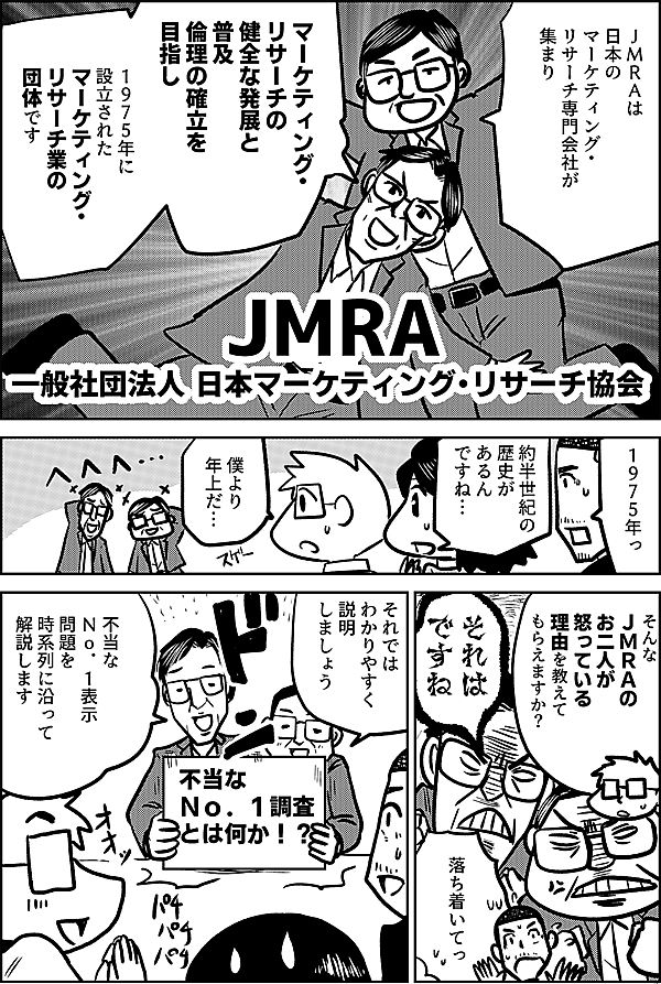 ＪＭＲＡは 日本の マーケティング・ リサーチ専門会社が 集まり マーケティング・ リサーチの 健全な発展と 普及 倫理の確立を 目指し １９７５年に 設立された マーケティング・ リサーチ業の 団体です １９７５年っ 約半世紀の 歴史が あるん ですね… 僕より 年上だ… そんな ＪＭＲＡのお二人が 怒っている 理由を教えて もらえますか？ それは ですね！ 落ち着いてっ それでは わかりやすく 説明 しましょう 不当なＮｏ．１表示 問題を 時系列に沿って 解説します