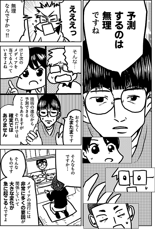 予測 するのは 無理 ですね えええっ 無理 なんですかっ‼ そんな… けど次の メディアを 当てる人って いますよね おそらく たまたまです 技術の進化から 予測できることもありますが それだけでは確実では ありません そんなもの ですか… そんな ものです メディアの流行には 非常に多くの要因が 関係していて 大きな変化が 急に 起こるんですよ