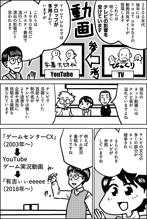 ２０００年代後半には YouTubeなどの 動画共有サイトが 登場します これらは明らかに テレビの影響を 受けています YouTubeでは テロップが 多用されて いますが これらは １９９０年代に バラエティ番組で 流行した 演出の影響だと 思われます 現在の ネット動画には テレビ芸が 溢れていますよね テレビで活躍していた 芸能人や 制作者が テレビでは難しい より過激な 企画や演出に 挑戦する展開も 見られています テレビの文化の 多くの部分が ネットに継承され さらにそれを テレビが 参照していますね 例えば ゲーム実況番組も そうですね 「ゲームセンターCX」（2003年～） ↓ YouTube ゲーム実況動画 ↓ 「有吉ぃぃeeeee！」（2018年～）