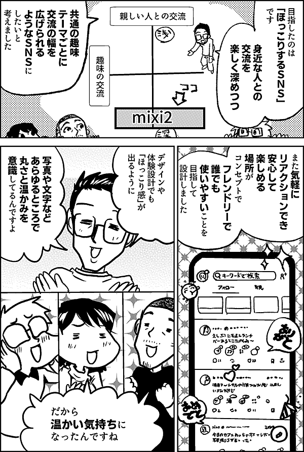 目指したのは 「ほっこりするＳＮＳ」 です 身近な人との 交流を楽しく深めつつ 共通の趣味 テーマごとに 交流の幅を広げられる ようなＳＮＳに したいと 考えました 親しい人との交流 趣味の交流 また気軽に リアクションでき 安心して 楽しめる 場所が コンセプトで フレンドリーで 誰でも 使いやすいことを 目指して 設計しました デザインや 体験設計でも 「ほっこり感」が 出るように 写真や文字など あらゆるところで 丸さと温かみを 意識してるんですよ だから 温かい気持ちに なったんですね