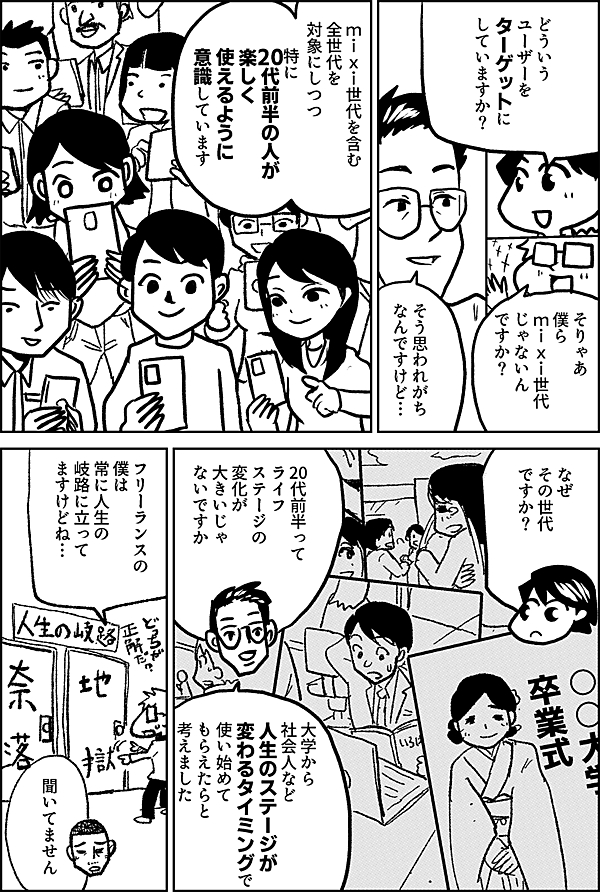 どういう ユーザーを ターゲットに していますか？ そりゃあ 僕ら mixi世代 じゃないん ですか？ そう思われ がちなん ですけど mixi世代を含む 全世代を対象にしつつ 特に 20代前半の人が 楽しく 使えるように 意識しています なぜ その世代 ですか？ 20代前半って ライフステージの 変化が 大きいじゃ ないですか 大学から 社会人など 人生のステージが 変わるタイミングで 使い始めて もらえたらと 考えました フリーランスの 僕は 常に人生の 岐路に立って ますけどね… 聞いてません