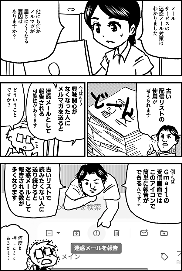 メールサービスの 迷惑メール対策は わかりました  他にも何か メルマガが 届きにくくなる 要因は ありますか？  古い 配信リストの 使用が 考えられます  今はもう 興味関心が なくなった人に メルマガを送ると 迷惑メールとして 報告される 可能性があります  どういうこと ですか？  例えば Ｇｍａｉｌの 受信画面では このアイコンで 簡単に報告が できるんですよ  古いリストで 読みたくない人に 送り続けると 迷惑メールとして 報告される数が 多くなります  何度か 押したこと あるかも…