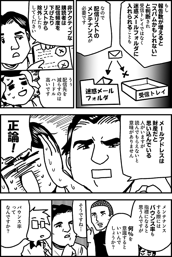 もし 報告数が増えると 「スパムかもしれない」 と判断され 受信トレイではなく 迷惑メールフォルダに 入れられることも なので 配信リストの メンテナンスが 必要です 非アクティブな 購読者は 配信頻度を下げたり リストから除外したり してください うぅ 配信先を 減らすのは ハードル 高いです メールアドレスは 財産だと 思い込んでいる 人がいますが 読んでもらえないと 意味がありません 正論！ メンテナンス する際には バウンス率も 指標になると 思うんですが 何％を 意識すると いいんで しょうか？ そうですね バウンス率 って なんですか？